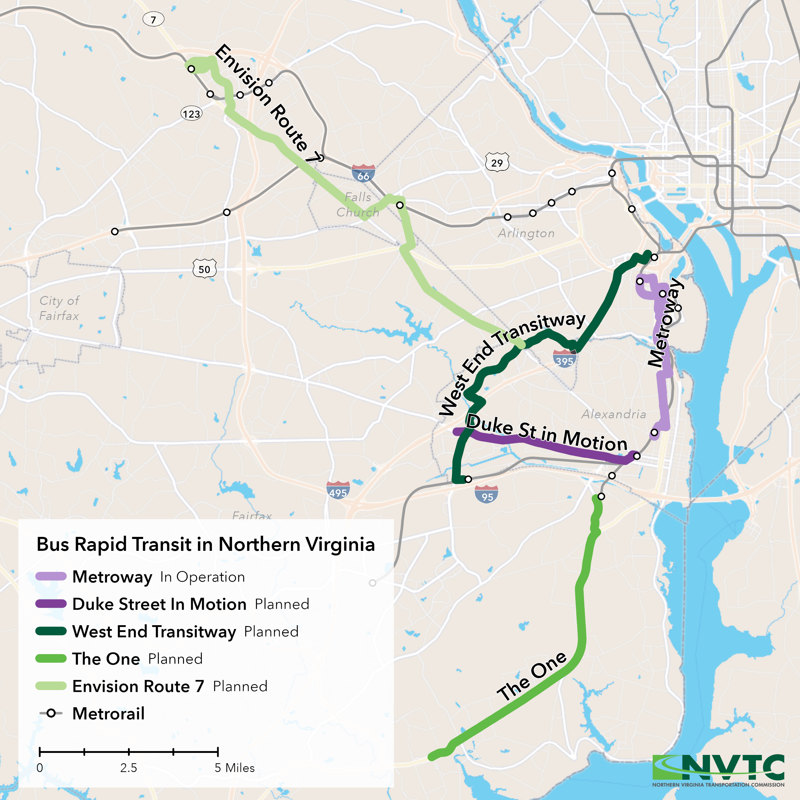 Map of current and planned bus rapid transit in Northern Virginia