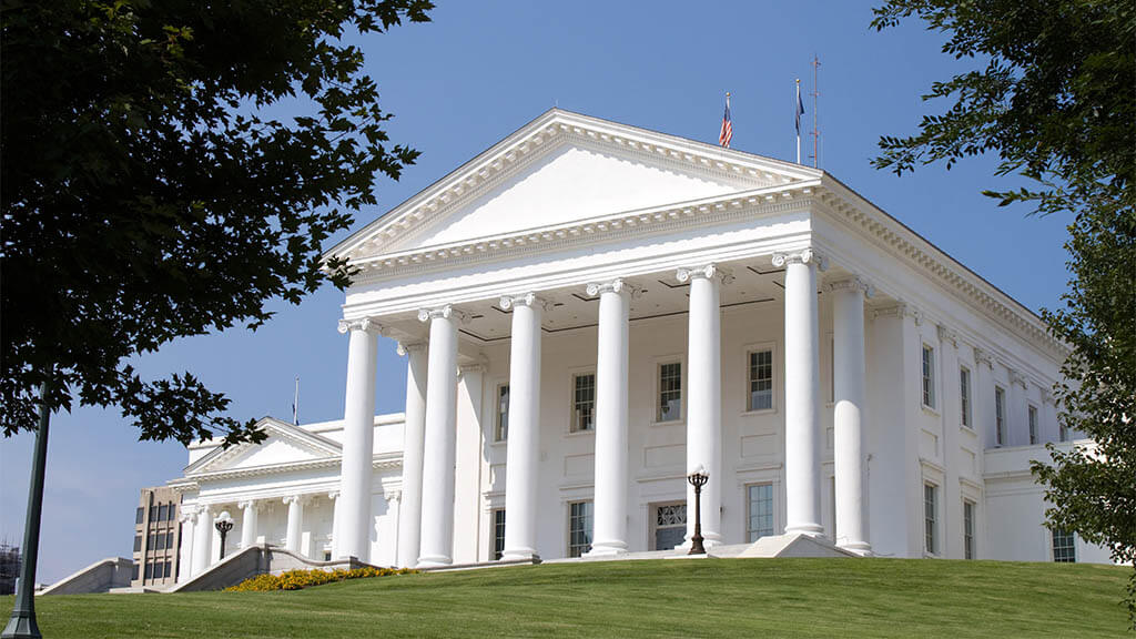 Richmond Virginia State Capital. White building, doric columns.