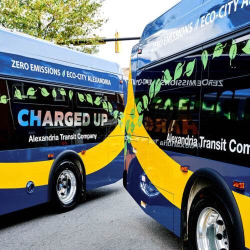 Two Blue And Yellow Electric Buses That Are Part Of The Alexandria Transit Company (DASH)